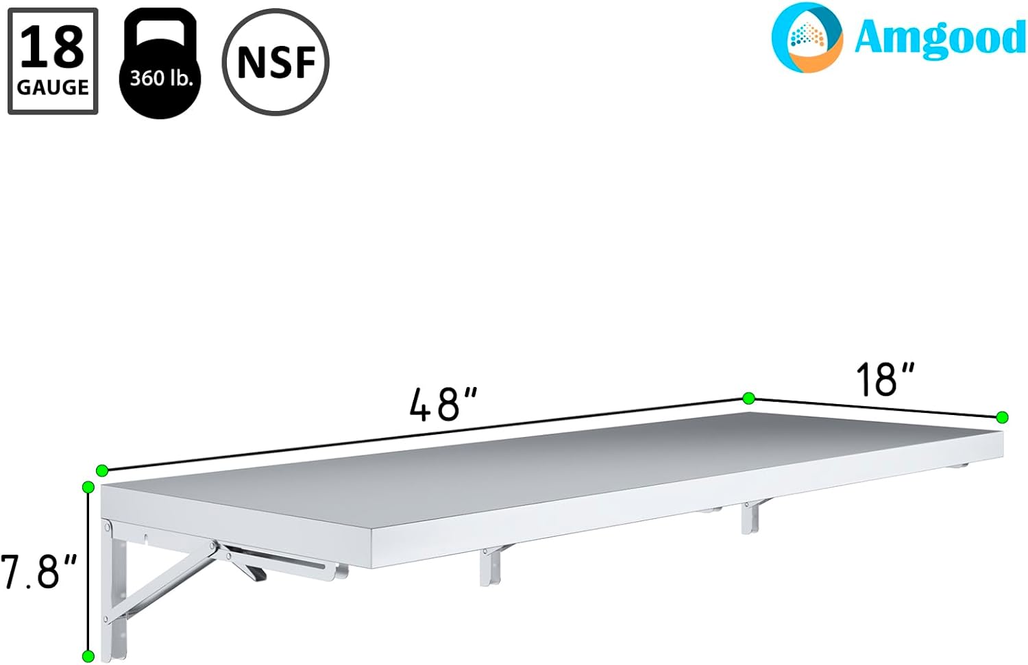 AmGood Stainless Steel Folding Wall Shelf 18 in. x 48 in. | NSF | Concession Stand, Food Truck, Kitchen, Restaurant, Garage, Laundry, Utility Room