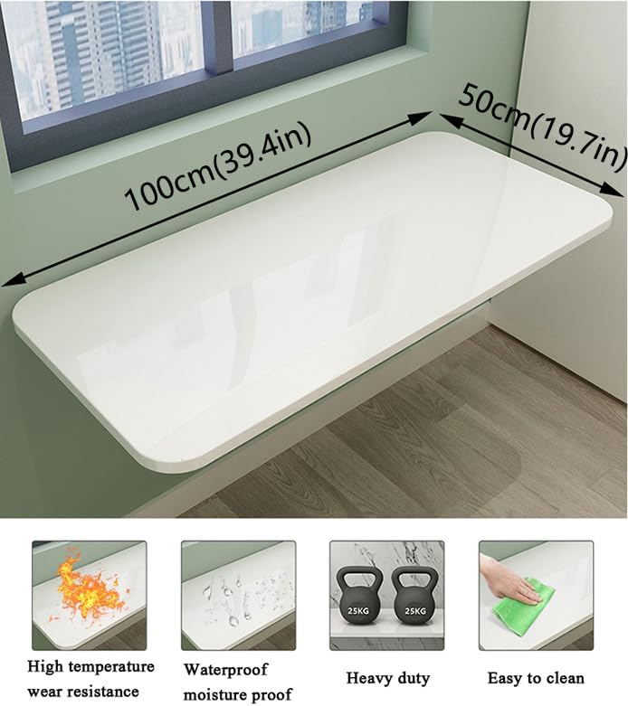 CYGJSYEA Wall Mounted Folding Table,White Floating Desk for Small Spaces,Stainless Steel Bracket Laundry Folding Table,Wall Folding Desk,Home Bars and Dining Establishments(100x50cm/39.4"×19.7")