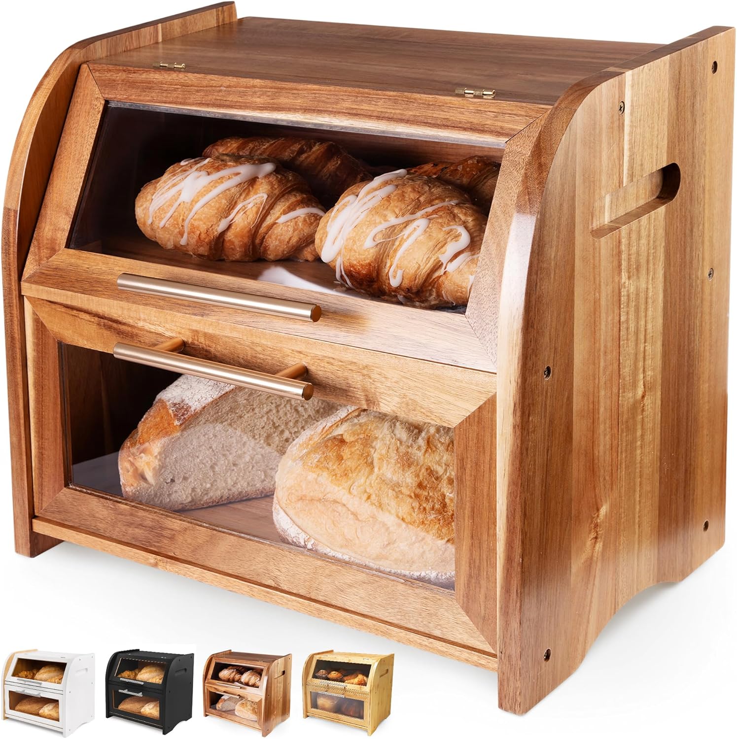 Arise Stylish Bamboo Bread Box for Kitchen Countertop, Extra Large 2-Shelf Wooden Bread Storage Container with Clear Windows and Air Vents Keep Bread, Bagels and Rolls Fresh, Self Assembly