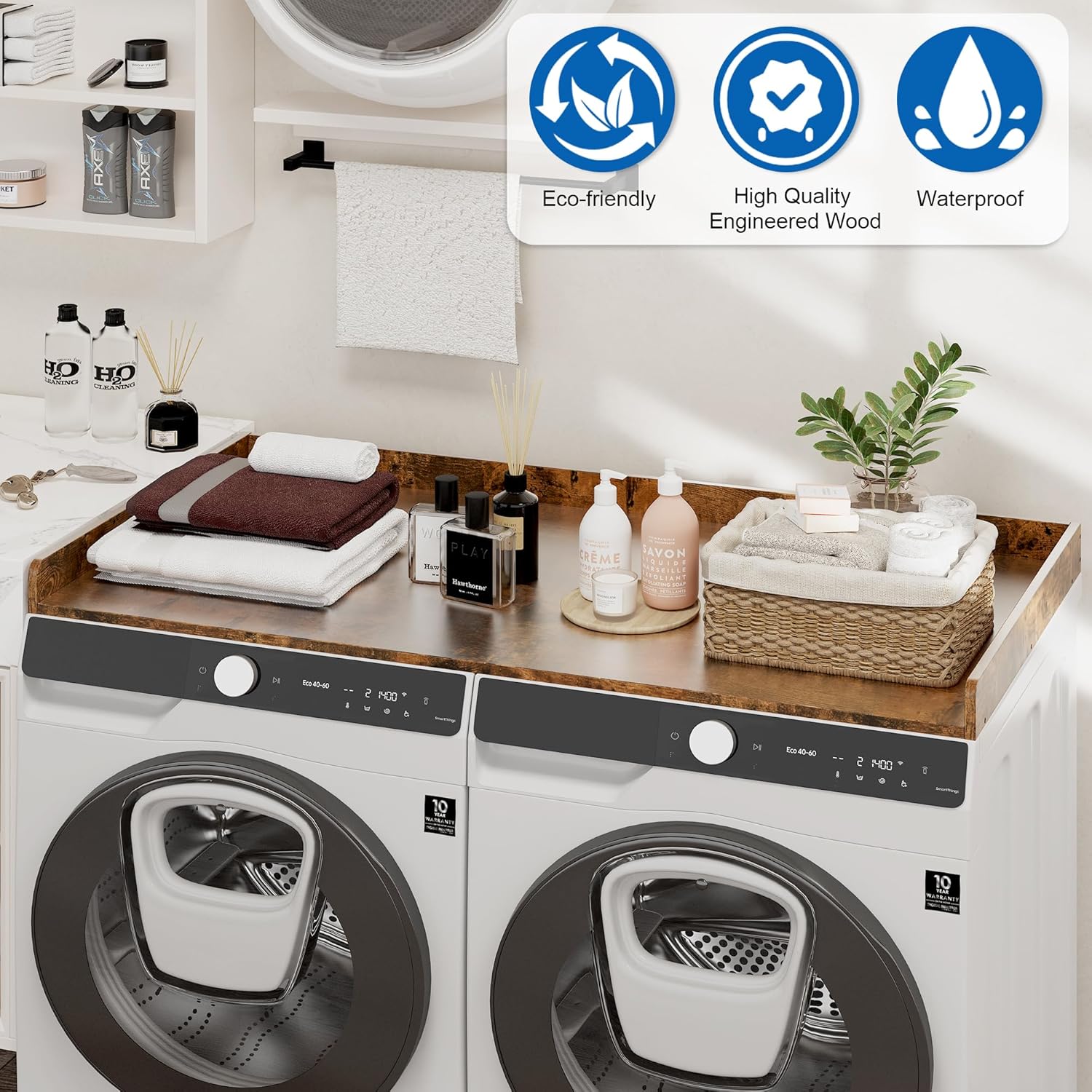 efluky Washer Dryer Countertop, Wood Countertop with Edge Rails for Laundry Room Organization and Storage, Washer Dryer Topper for Laundry Room, 27.5" x 54" Rustic Brown