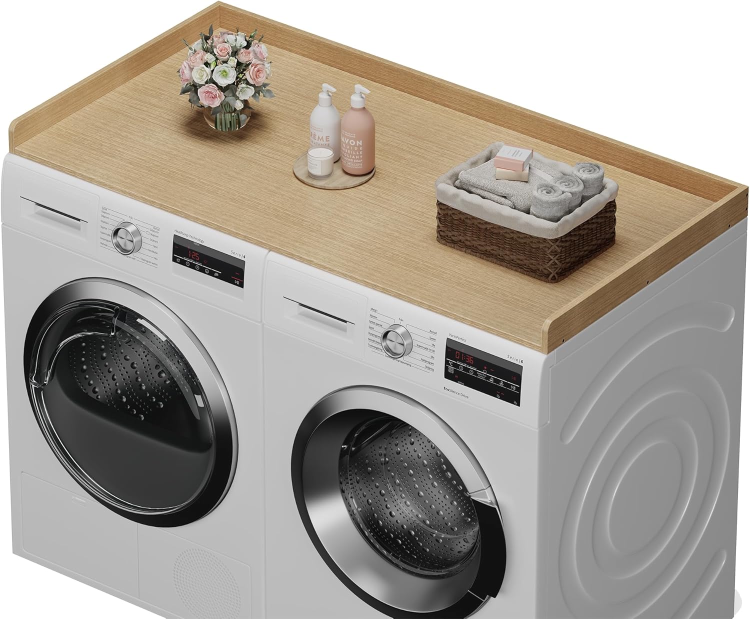 efluky Washer Dryer Countertop, Wood Countertop with Edge Rails for Laundry Room Organization and Storage, Washer Dryer Topper for Laundry Room, 27.5" x 54" Rustic Brown