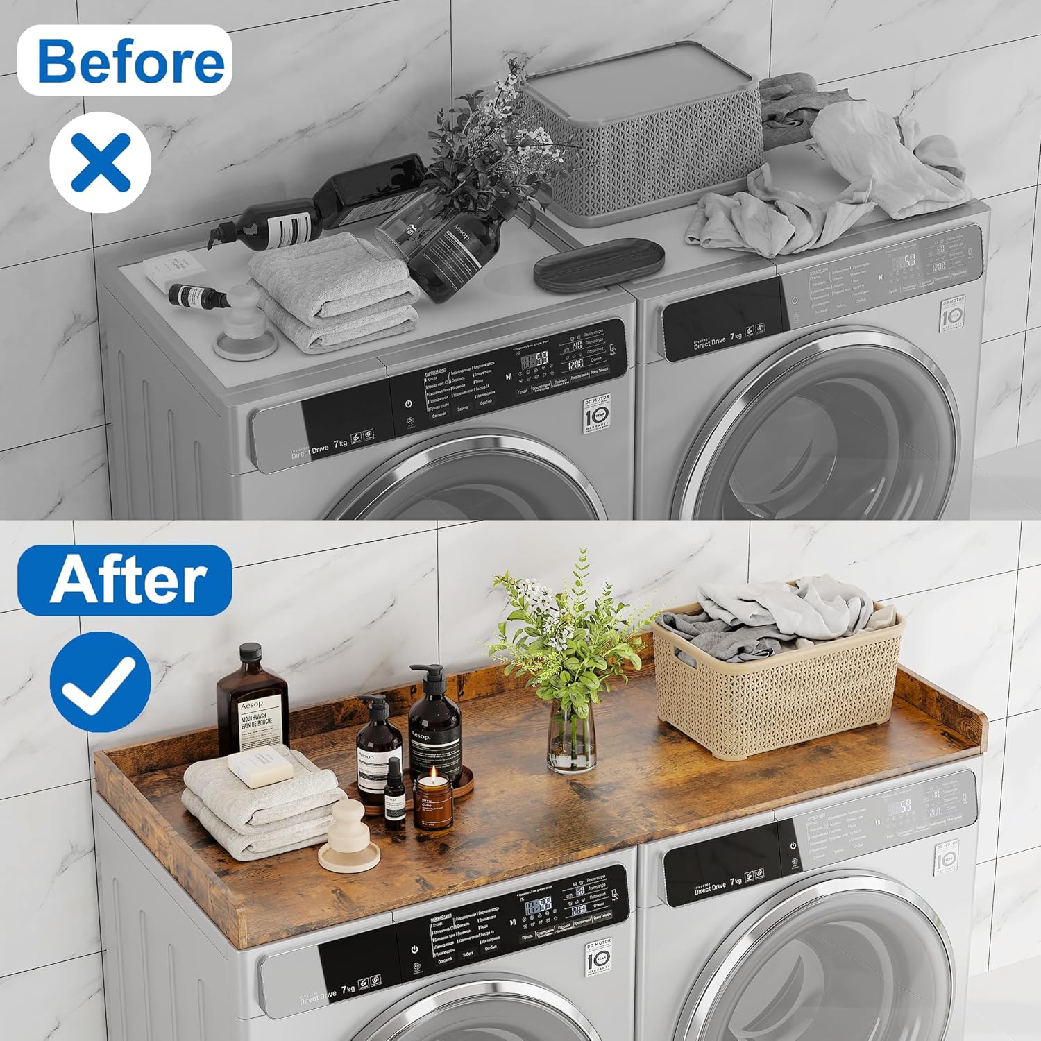 efluky Washer Dryer Countertop, Wood Countertop with Edge Rails for Laundry Room Organization and Storage, Washer Dryer Topper for Laundry Room, 27.5" x 54" Rustic Brown