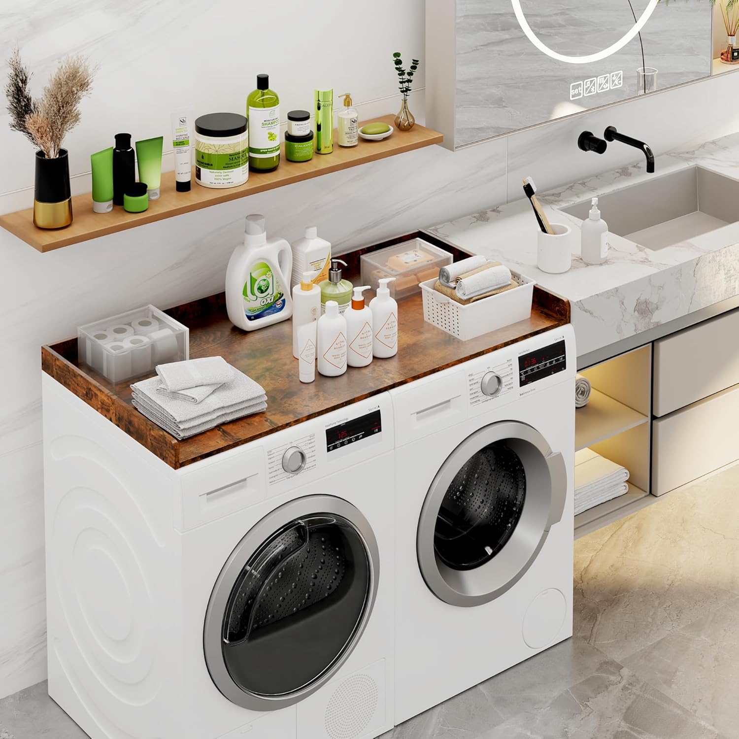 efluky Washer Dryer Countertop, Wood Countertop with Edge Rails for Laundry Room Organization and Storage, Washer Dryer Topper for Laundry Room, 27.5" x 54" Rustic Brown