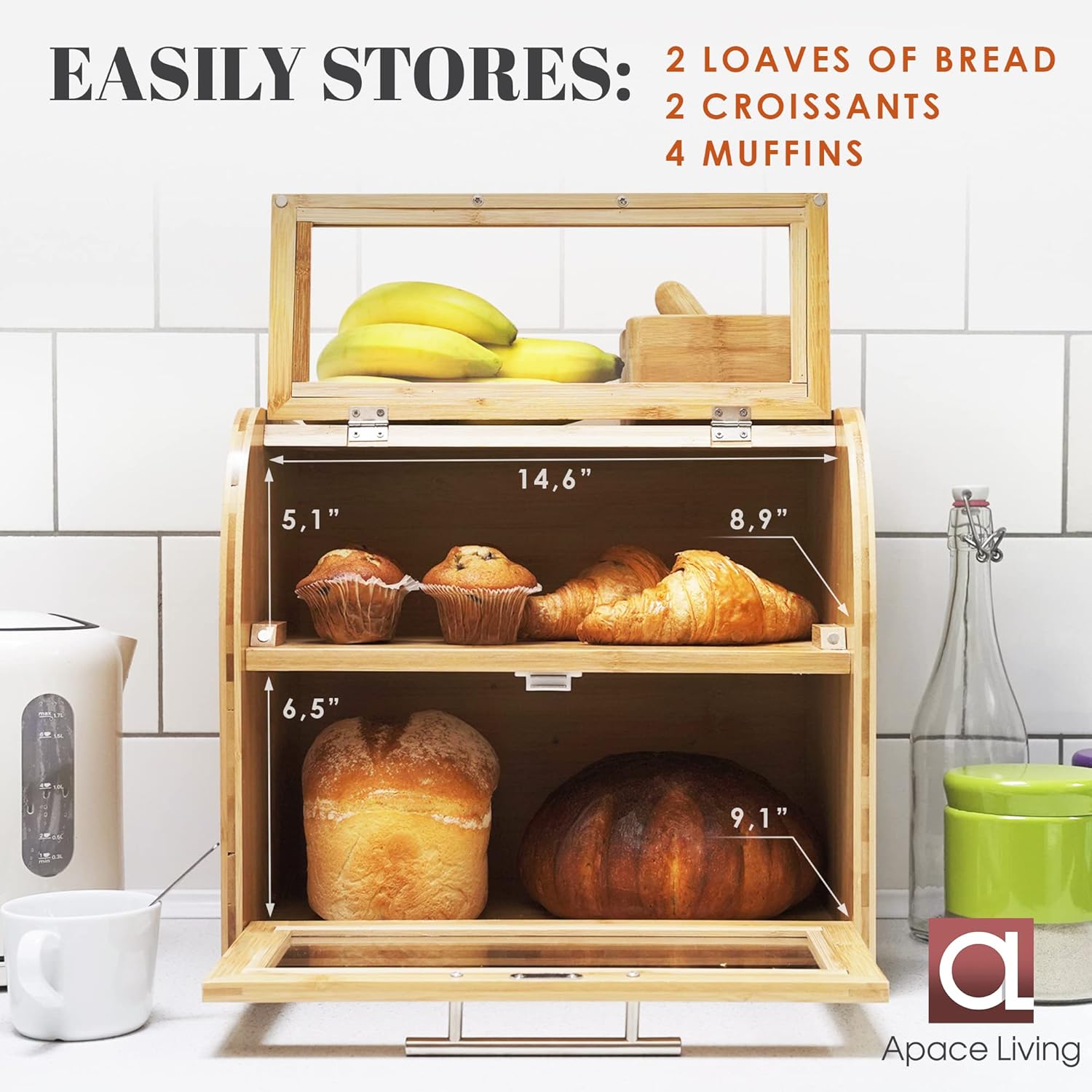 Arise Stylish Bamboo Bread Box for Kitchen Countertop, Extra Large 2-Shelf Wooden Bread Storage Container with Clear Windows and Air Vents Keep Bread, Bagels and Rolls Fresh, Self Assembly