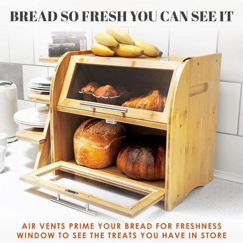 Arise Stylish Bamboo Bread Box for Kitchen Countertop, Extra Large 2-Shelf Wooden Bread Storage Container with Clear Windows and Air Vents Keep Bread, Bagels and Rolls Fresh, Self Assembly